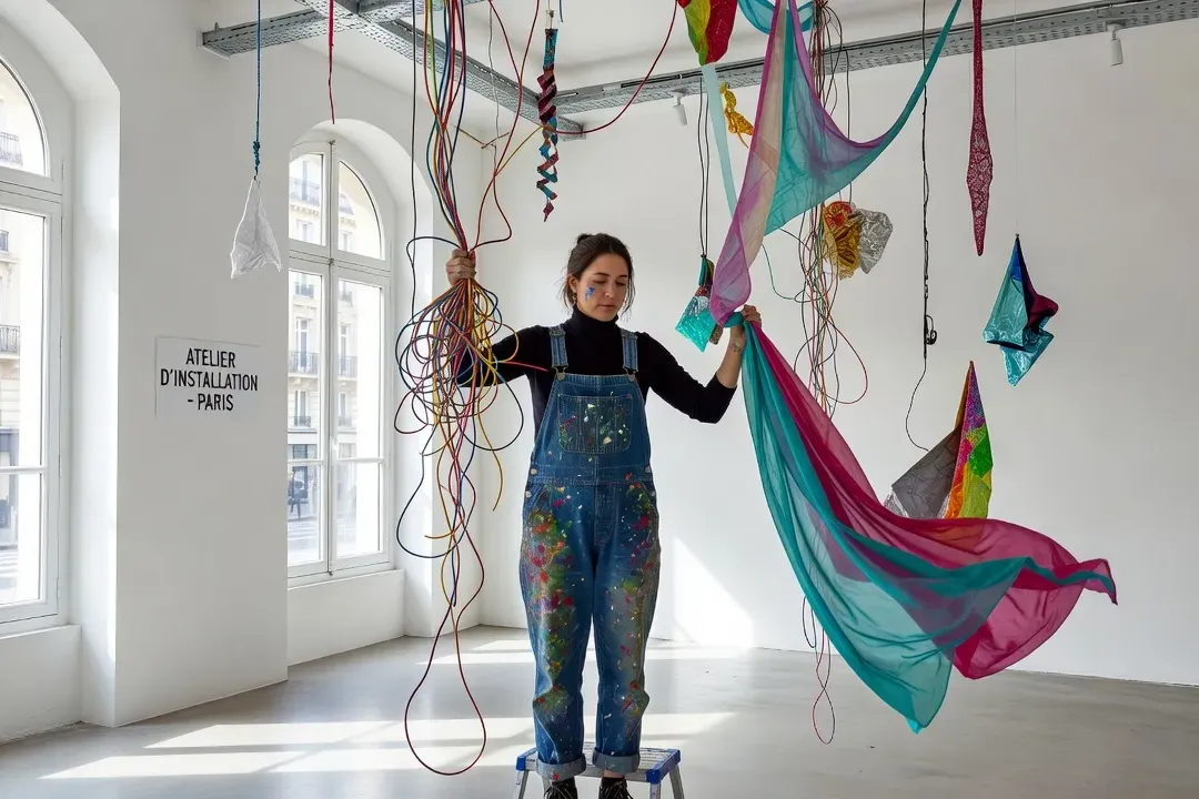 Artiste contemporaine installant une œuvre dans un espace d'art parisien lumineux