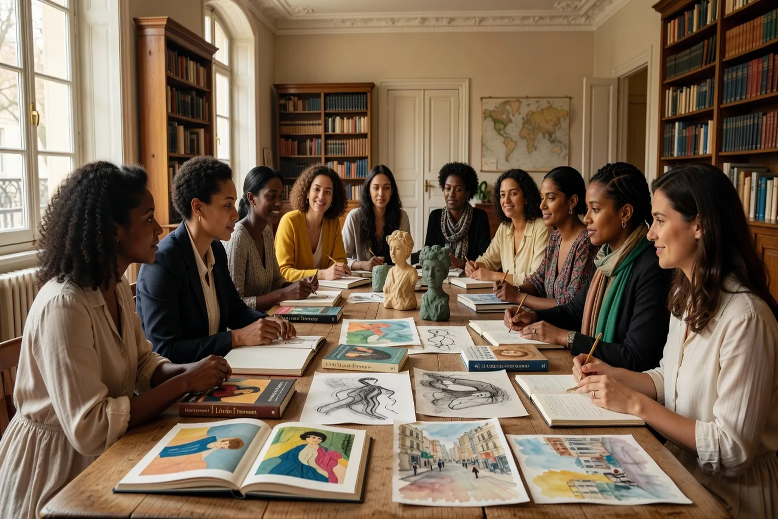 Peintures de femmes artistes du XIXe siècle présentées dans une salle de musée, éclairage contemporain