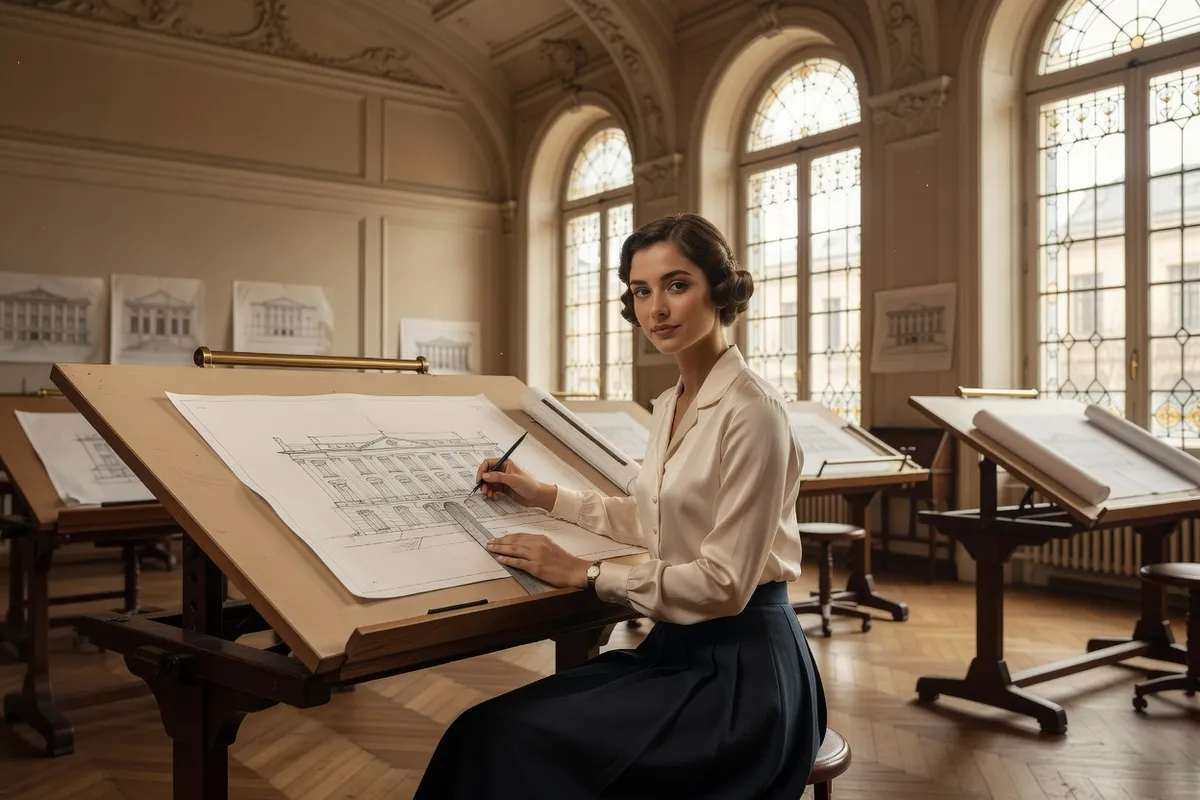 Étudiante en architecture dessinant sur une planche à dessin dans un atelier des Beaux-Arts à Paris au début du XXe siècle