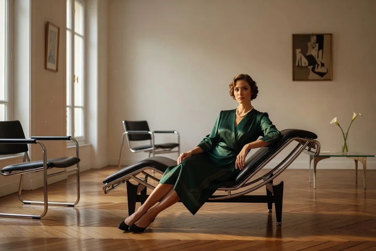 Intérieur moderniste avec mobilier en métal tubulaire et chaise longue inspirée de Charlotte Perriand dans un appartement parisien