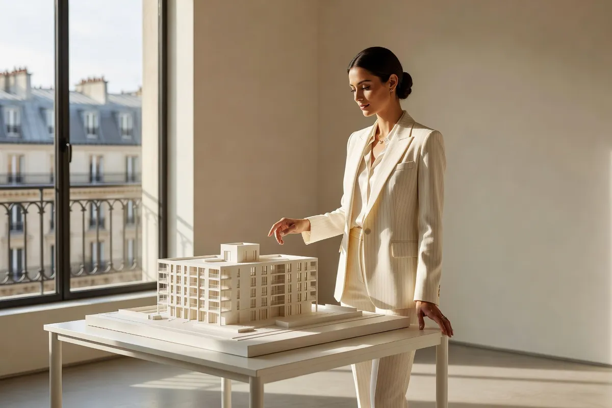 Femme architecte contemporaine présentant une maquette de bâtiment devant une baie vitrée à Paris