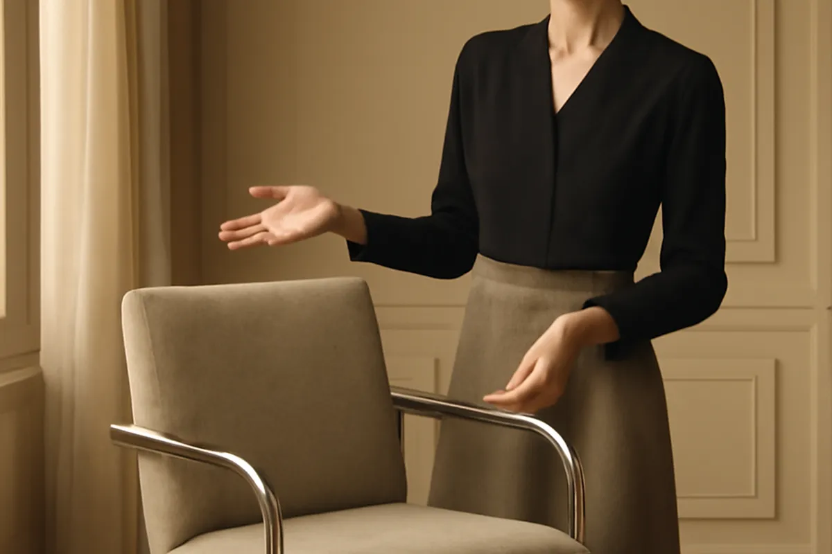 Créatrice élégante présentant une pièce de mobilier moderniste dans un intérieur parisien