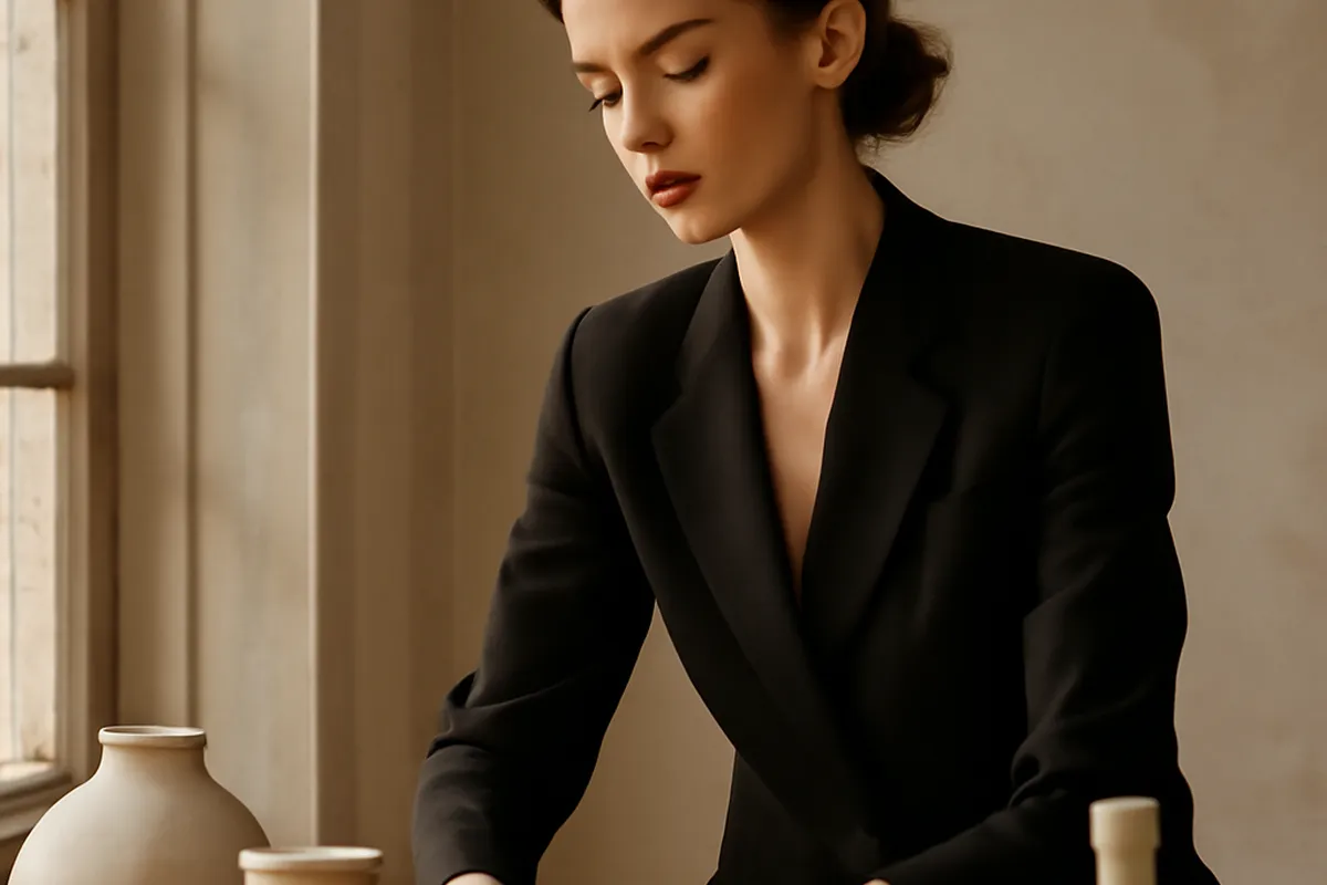 Belle femme designer disposant des céramiques et objets d'arts décoratifs sur une table à Paris