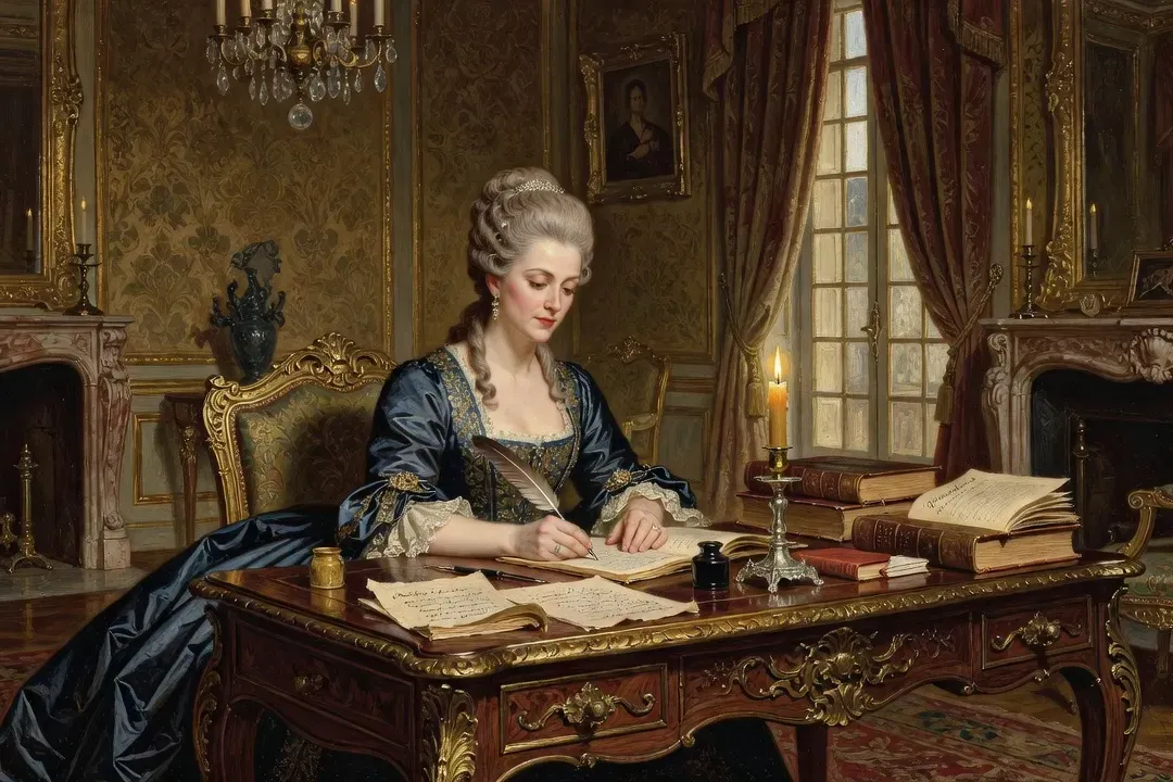 Femme de lettres écrivant dans un salon parisien du XVIIIe siècle