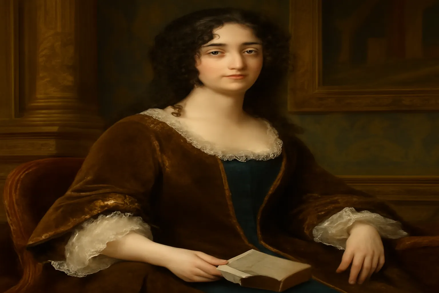 Portrait d'une salonnière du XVIIIe siècle, robe à broderies, plume à la main, bibliothèque en fond