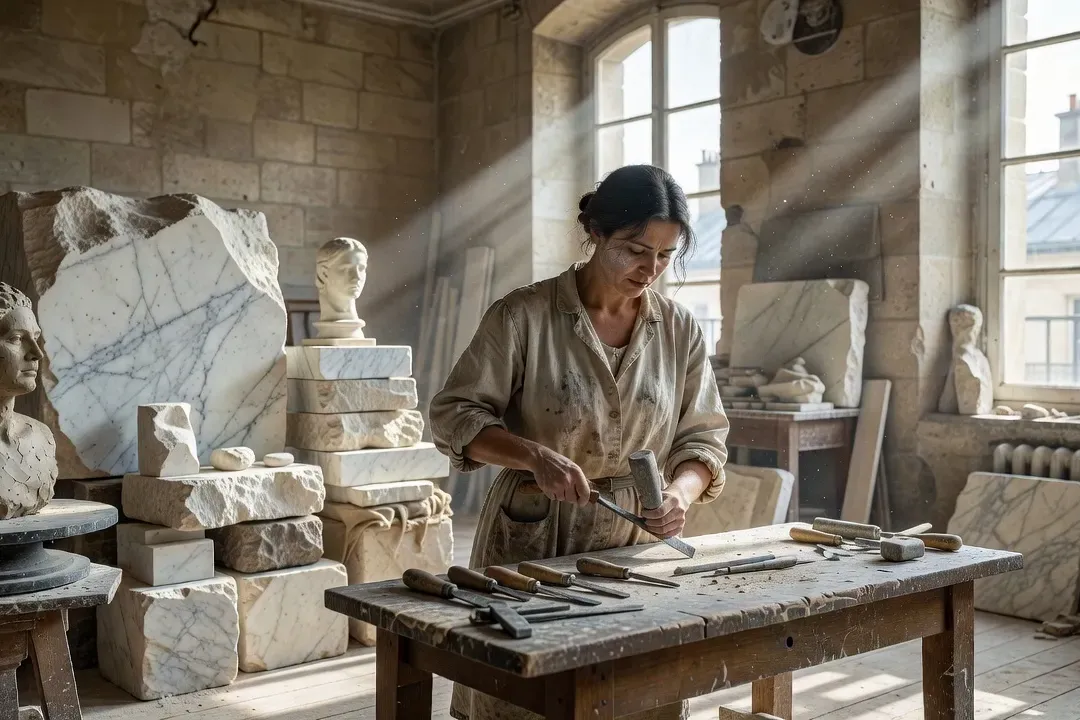 Femme sculptrice dans son atelier à Paris, marbre et outils de sculpture