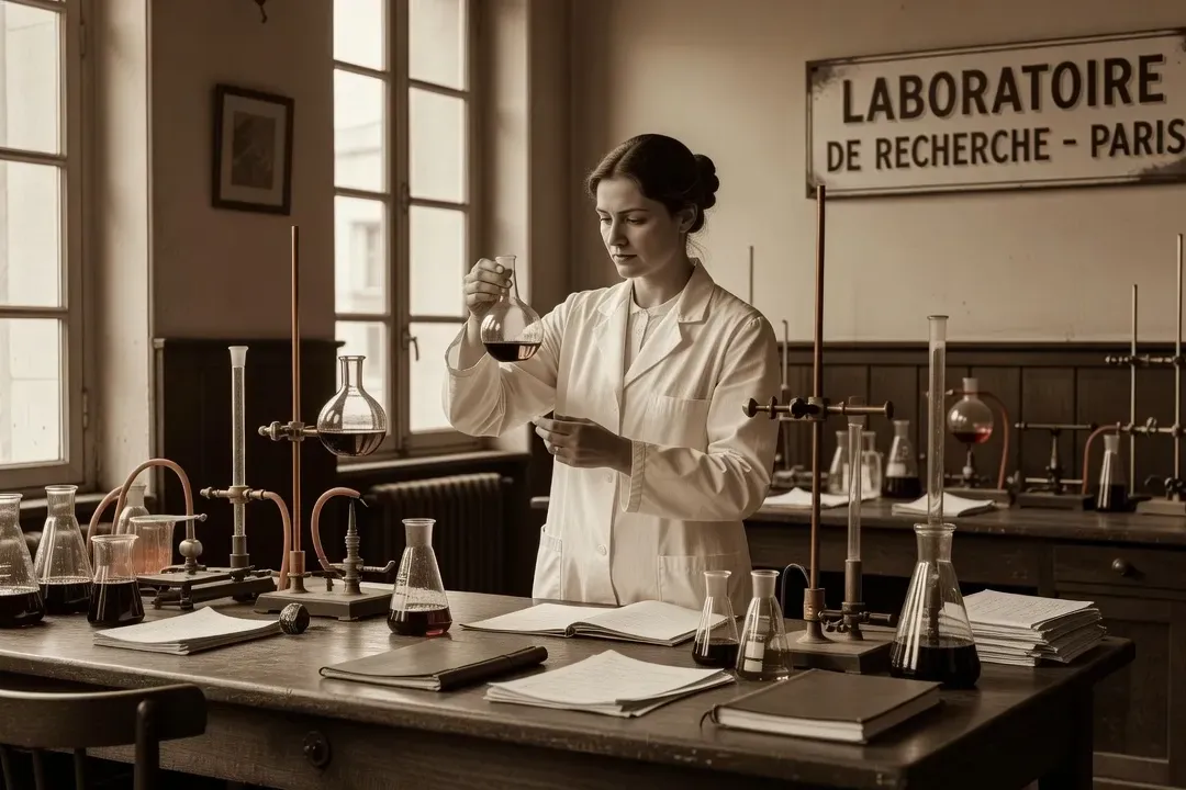 Femme scientifique dans un laboratoire parisien du début du XXe siècle