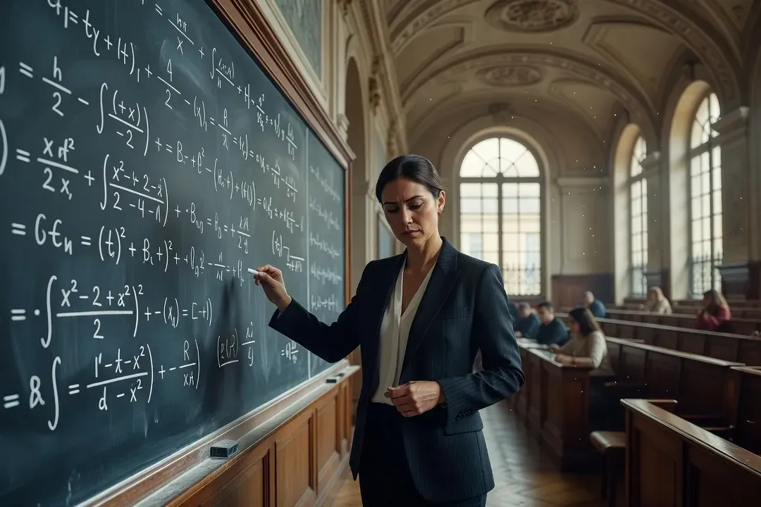 Femme mathématicienne au tableau dans un amphithéâtre de l'université de Paris