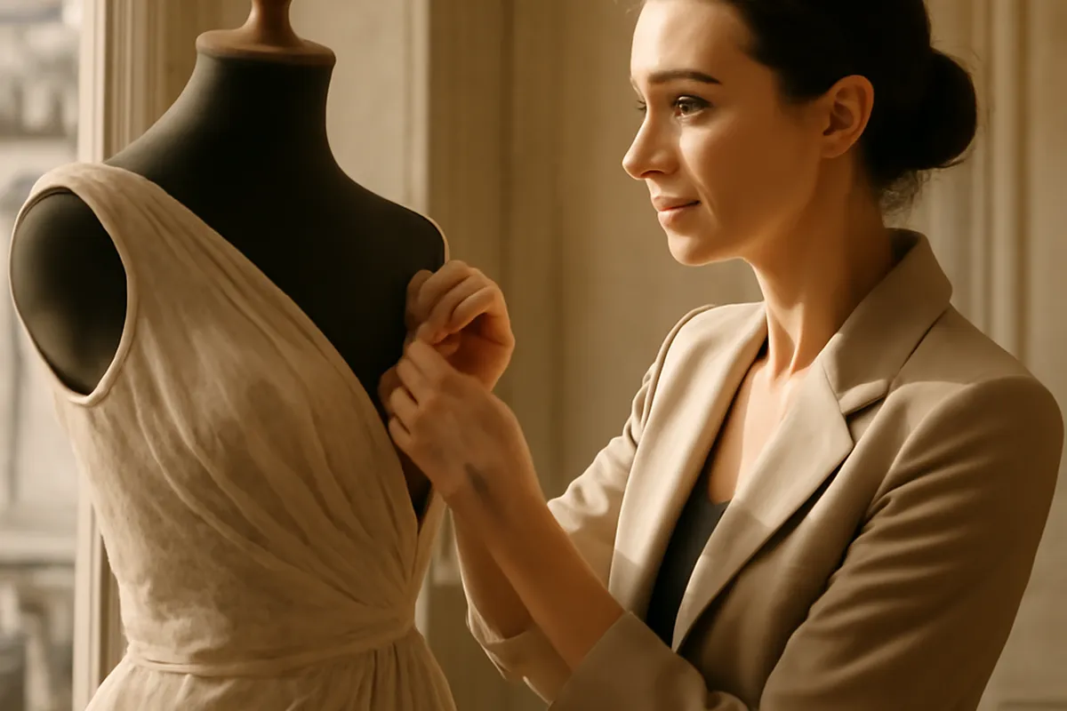 Élégante couturière ajustant une robe de haute couture sur un mannequin à Paris