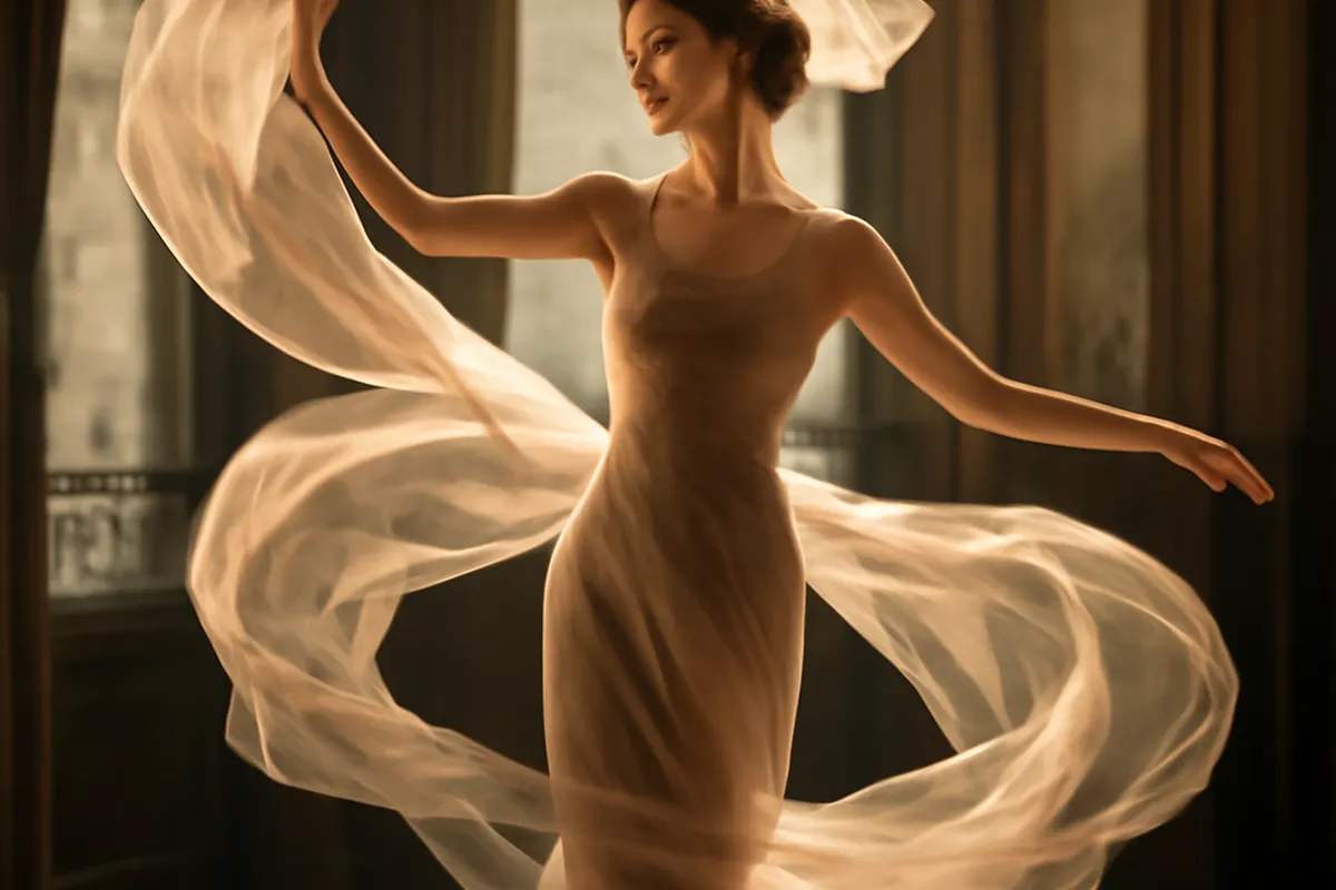 Danseuse élégante en tenue de scène évoquant la danse serpentine de Loïe Fuller à Paris