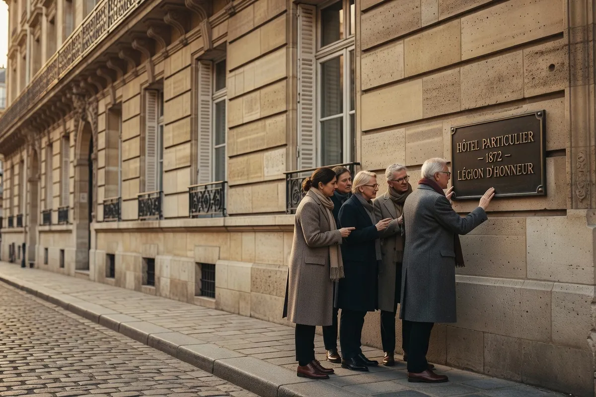 Groupe suivant une balade matrimoine devant une plaque commémorative à Paris