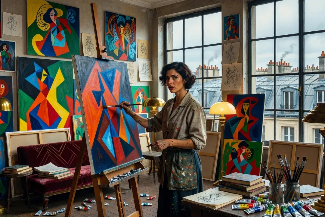 Atelier d'artiste cosmopolite à Montparnasse dans les années 1920, toiles colorées