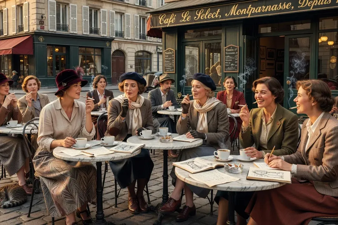 Terrasse de café à Montparnasse dans les années 1930, artistes internationales réunies