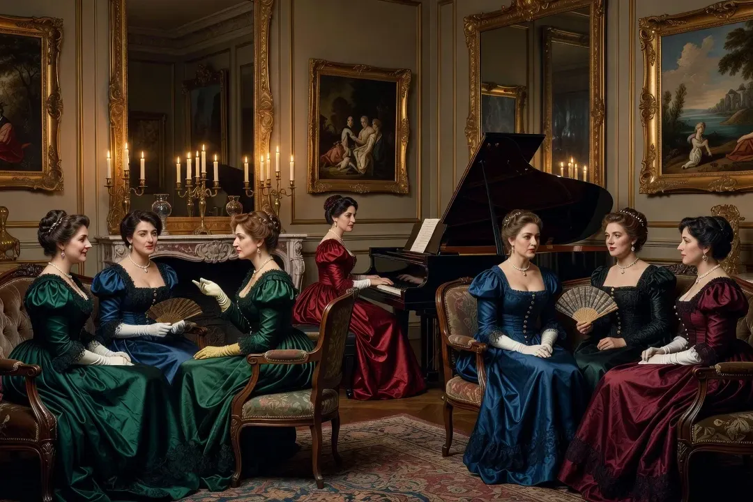 Soirée dans un salon parisien du XIXe siècle, femmes en robes d'époque autour d'un piano