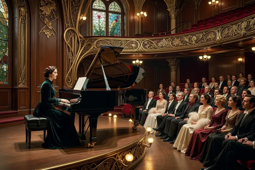 Femme pianiste sur scène dans une salle de concert parisienne du début du XXe siècle
