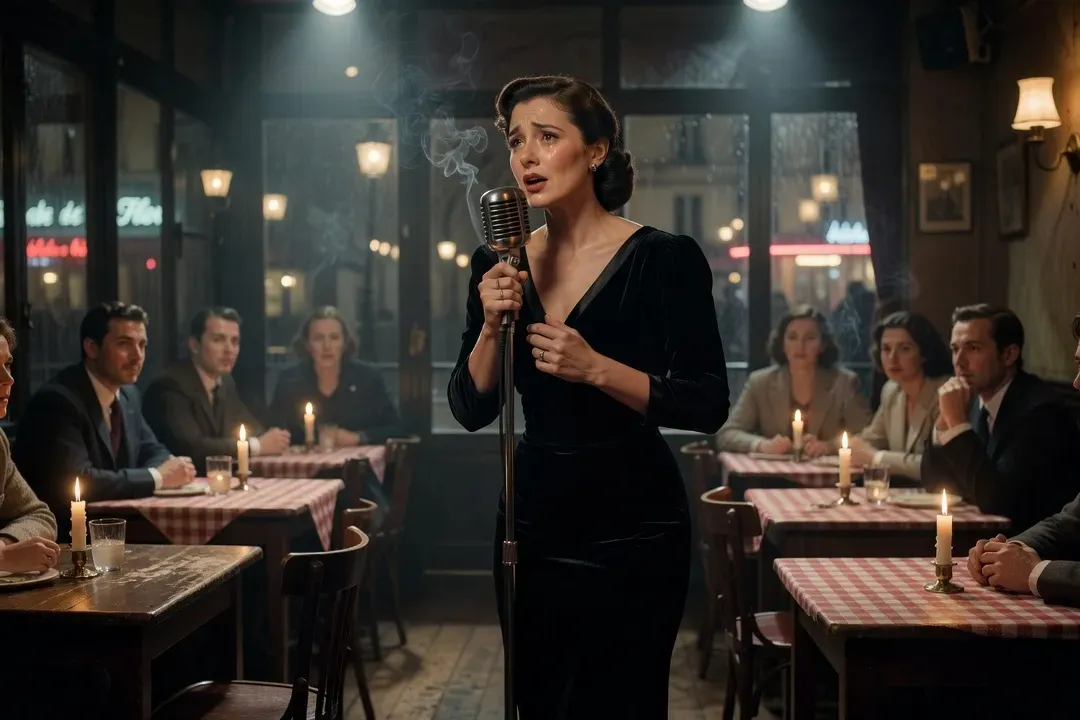 Chanteuse française sur la scène d'un cabaret de Saint-Germain-des-Prés dans les années 1950