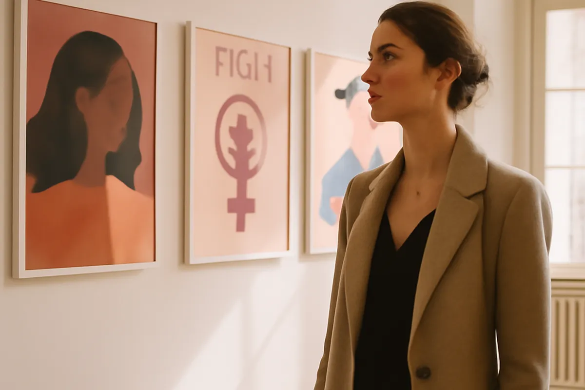Visiteuse élégante observant des œuvres d'art contemporain féministe dans un musée à Paris