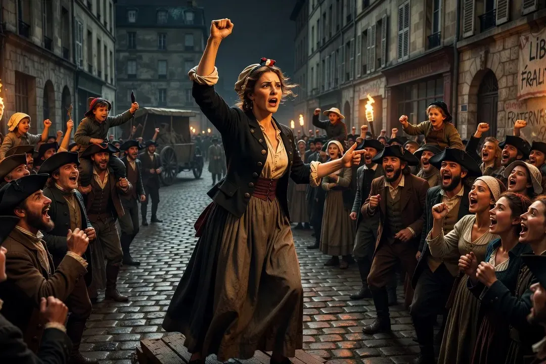Femme révolutionnaire prenant la parole devant une foule dans le Paris de 1789