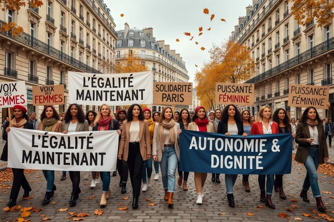 Manifestation de femmes dans les rues de Paris, cortège militant et pacifique
