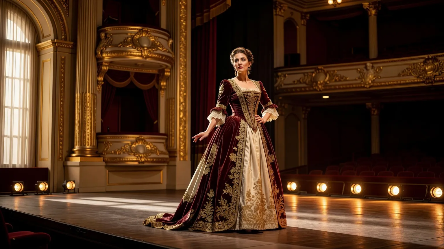 Comédienne sur une scène de théâtre parisien du XIXe siècle, matrimoine scénique