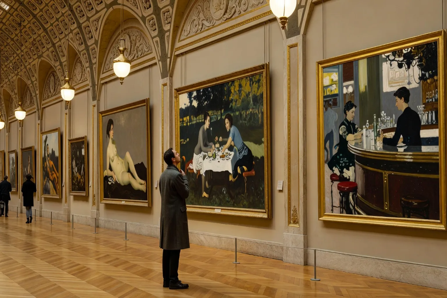 Salle du musée d'Orsay avec des œuvres représentant des femmes noires, lumières tamisées sur parquet en bois