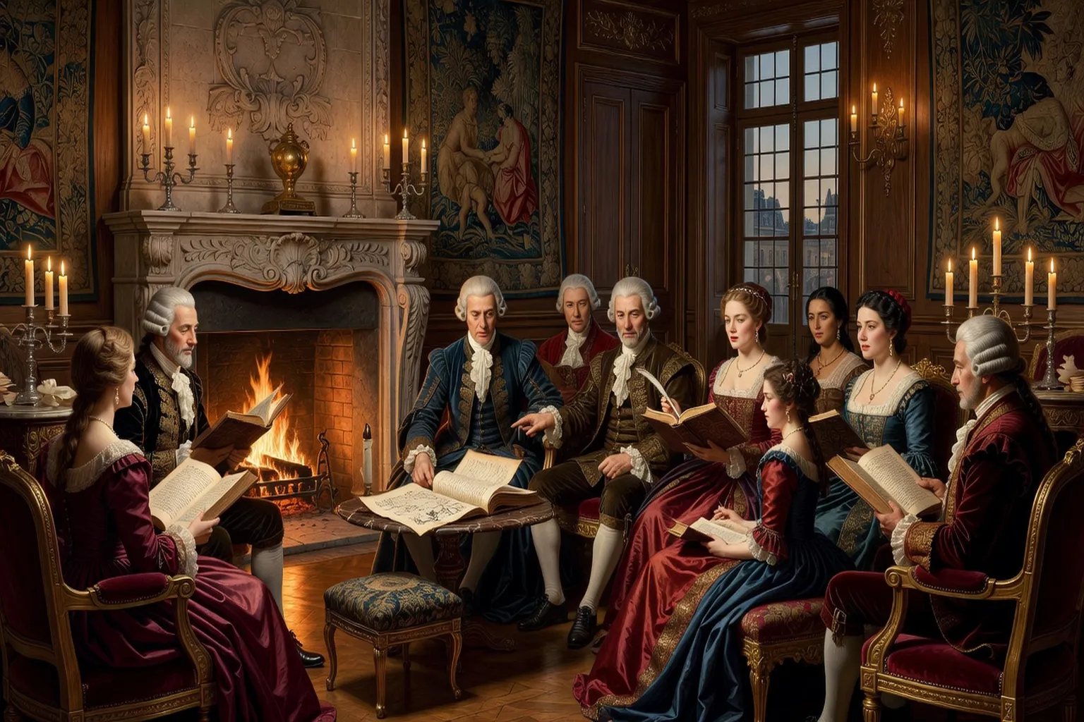 Reconstitution d'un salon littéraire parisien du XVIIIe siècle, femme au centre d'une conversation animée, lumière de bougies