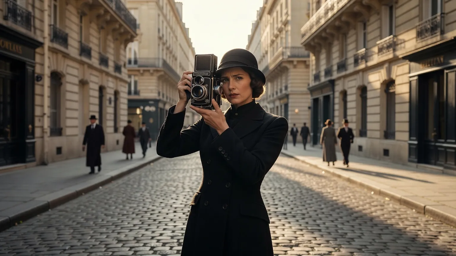 Femme photographe à Paris avec appareil argentique, matrimoine visuel du XXe siècle