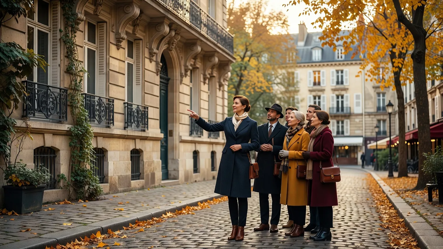 Guide-conférencière menant une balade matrimoine dans une rue de Paris