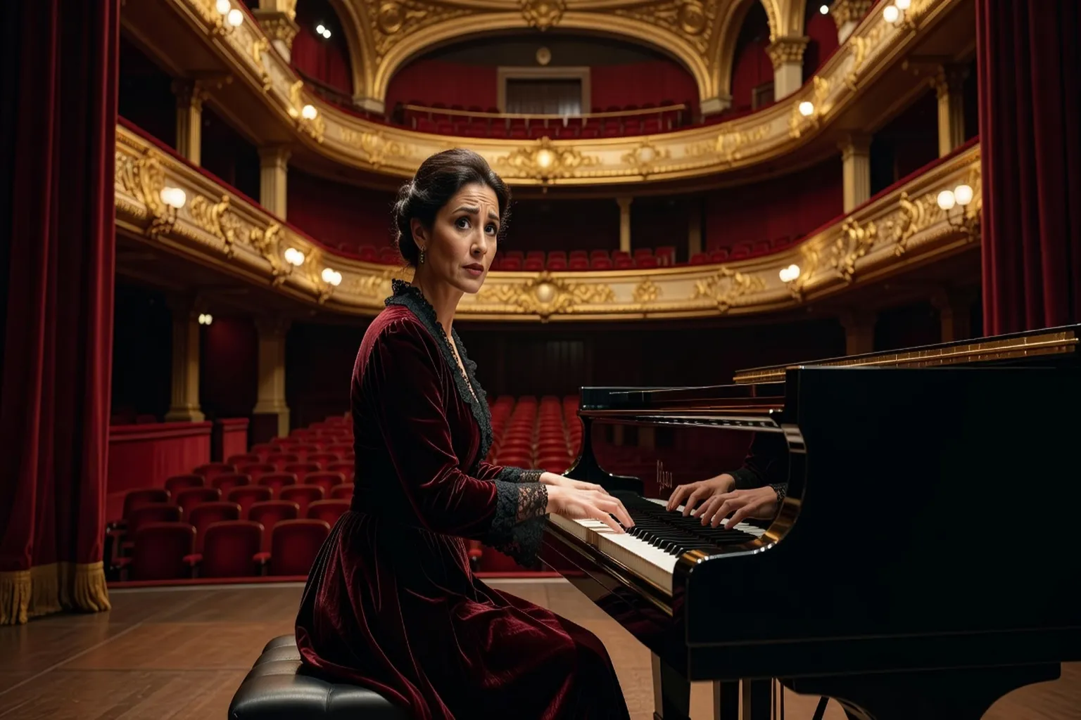 Salle de concert parisienne avec portrait de compositrice